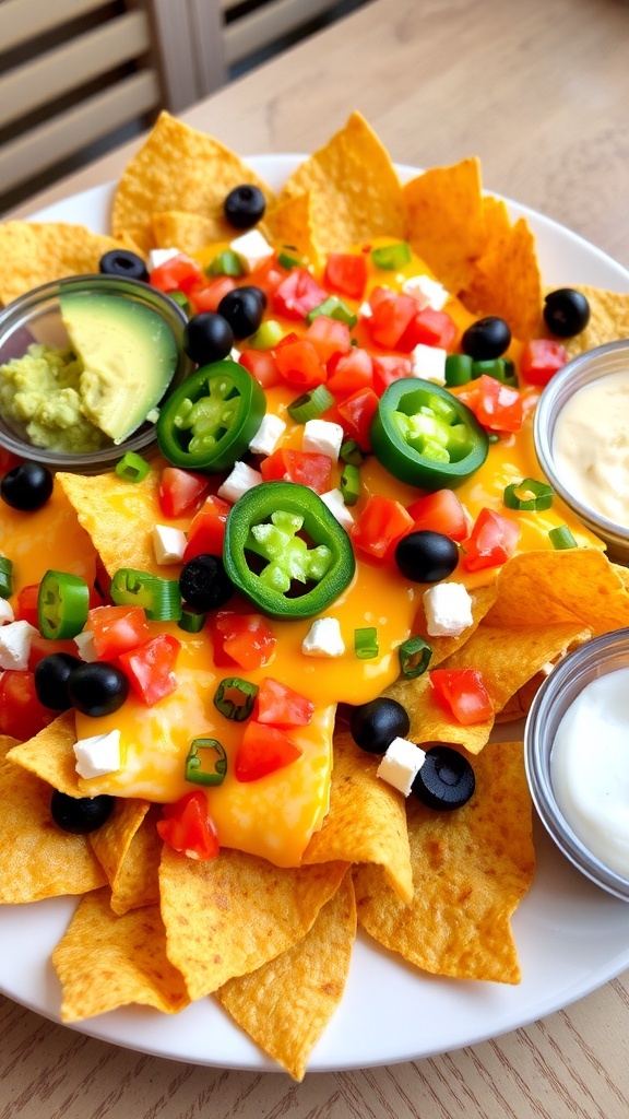 A plate of spicy jalapeño nachos with cheese, jalapeños, and toppings, served with guacamole and sour cream.